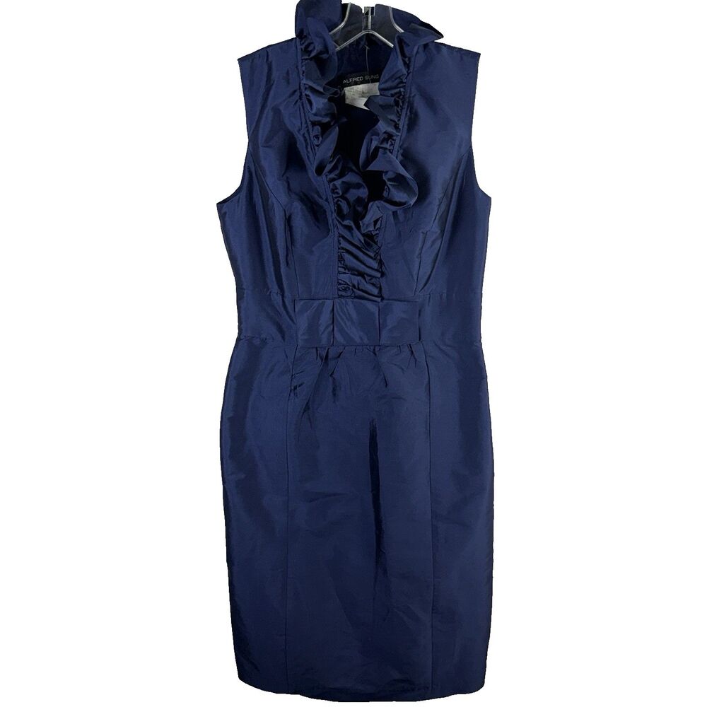 ALFRED SUNG Midnight Blue Satin Gown Size 8 Formal Wedding Ruffles Sleeveless